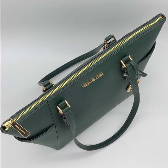 MICHAEL KORS Charlotte Large Leather Top-Zip Tote Racing Green - Picture 7 of 15